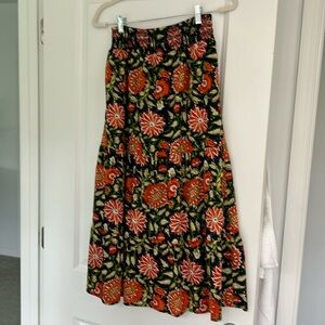 Evereve Navy, orange and green floral cotton maxi skirt with pockets, size small